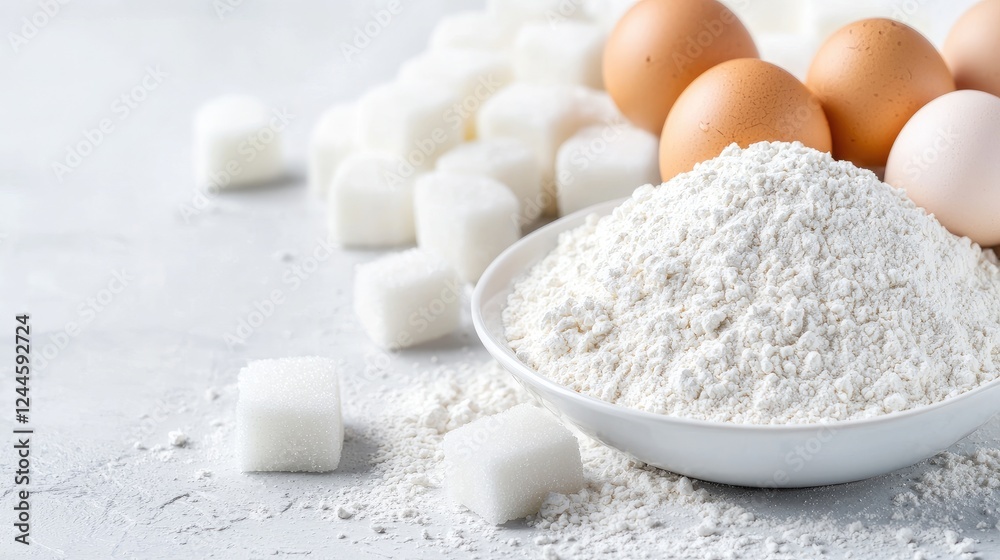 Baking ingredients flour, sugar, eggs on table Baking ingredients flour, sugar, eggs on table