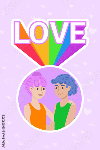 Young couple embracing with rainbow and love text celebrating pride month