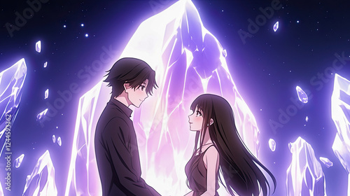 Couple proposing in front of a majestic mountain landscape during a romantic valentines day celebration in anime style photo