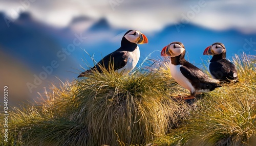 Striking Closeup of Horned Puffins Amidst the Breathtaking Landscape of Alaskas Lake Clark National Park, Captured in Vibrant Natural Light. photo