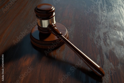 Elegant wooden gavel resting on polished wooden surface in courtroom setting for legal themes photo