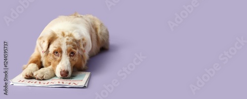 Lying Australian Shepherd dog with newspaper on lilac background with space for text