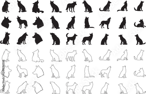 Set of Wolf Silhouettes and Outlines Vector Art Illustration With White Background