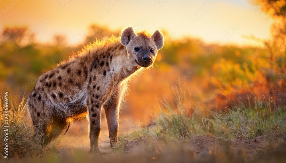 Angry Spotted Hyena against the Backdrop of a Majestic Sunset, Showcasing the Power and Beauty of African Savannah at Twilight Angry Spotted Hyena against the Backdrop of a Majestic Sunset, Showcasing the Power and Beauty of African Savannah at Twilight