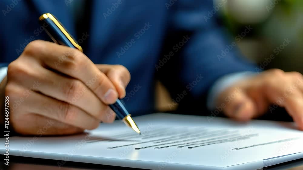 A closeup of a hand holding a pen, poised to sign an important contract at the negotiation table. A closeup of a hand holding a pen, poised to sign an important contract at the negotiation table.