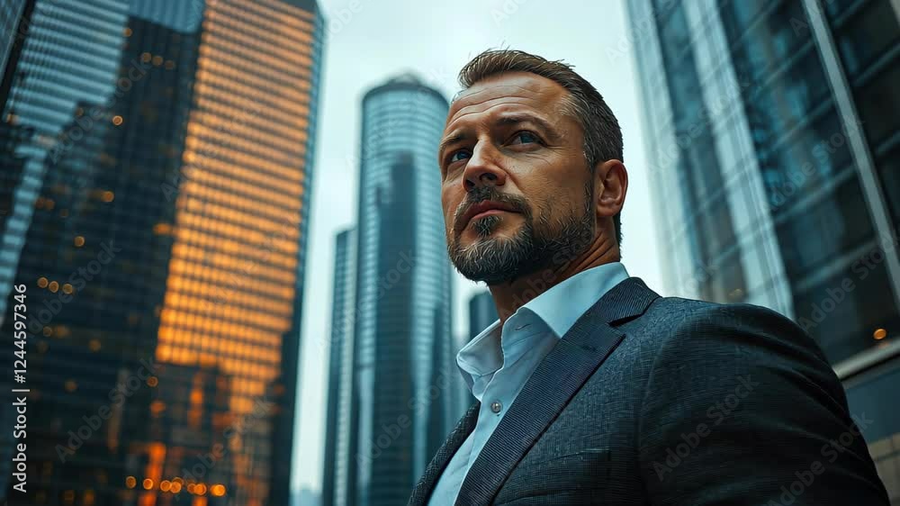 A sharpdressed man stands confidently before a towering skyscraper, embodying success and ambition in the city. A sharpdressed man stands confidently before a towering skyscraper, embodying success and ambition in the city.