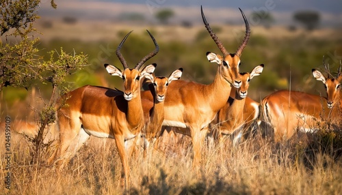 Vibrant Impala Antelopes Grazing in Mlilwane Wildlife Sanctuary, Swaziland A Serene African Sunset Overlooks the Savannah photo