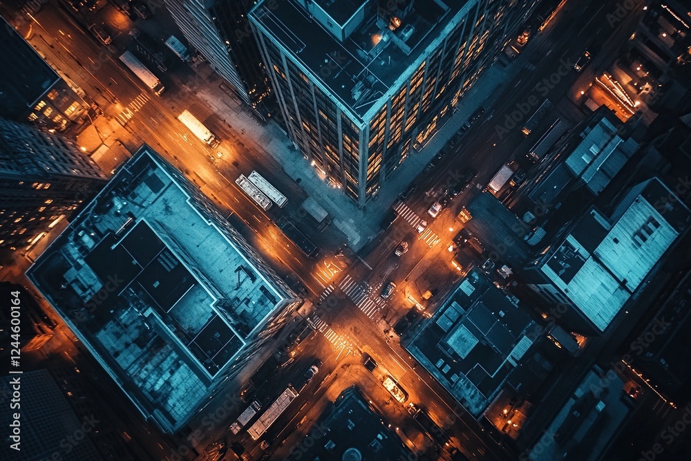 Night City Aerial View: Urban Sprawl, Illuminated Streets, Building Designs, Night Traffic, Cityscape at Dusk, High-Rise Buildings,