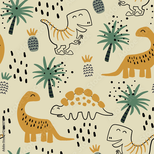 Tropical seamless pattern with dinosaurs and pineapples. Colorful background with cute dinosaurs for kids.	
