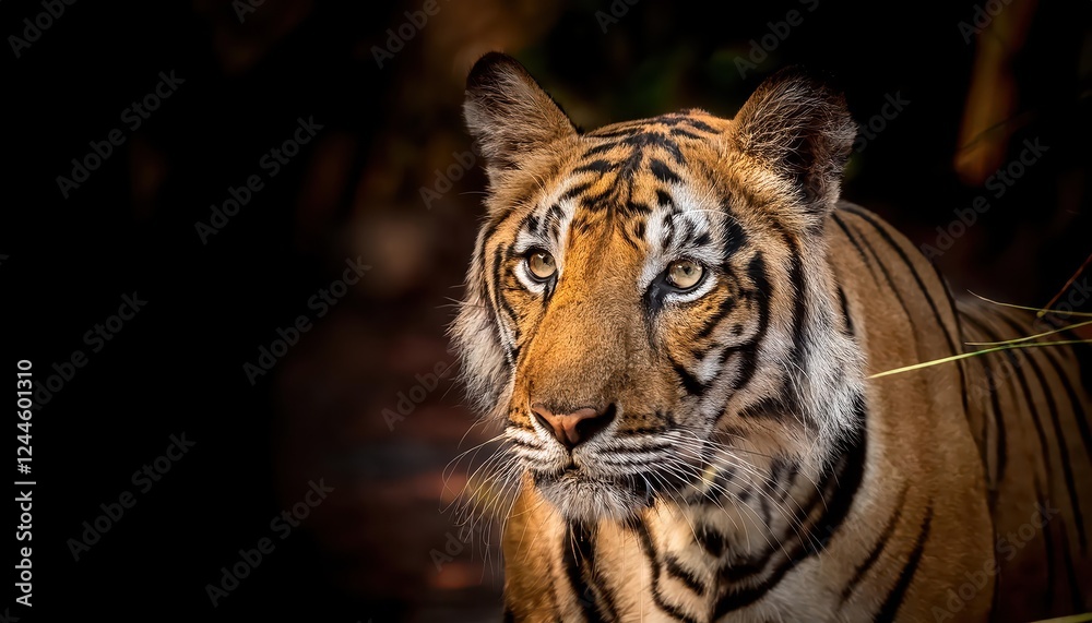 Naklejka premium Majestic Bengal Tiger Stalking Prey under the Rustic Hues of Dusk, Bandhavgarh National Park, Madhya Pradesh, India