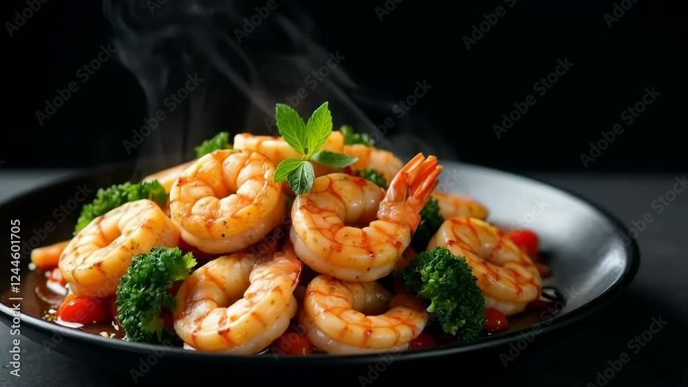 Steaming hot shrimp stir-fry with broccoli and tomatoes is served on a dark plate against a black background. Concept of: Seafood cuisine. Steaming hot shrimp stir-fry with broccoli and tomatoes is served on a dark plate against a black background. Concept of: Seafood cuisine.