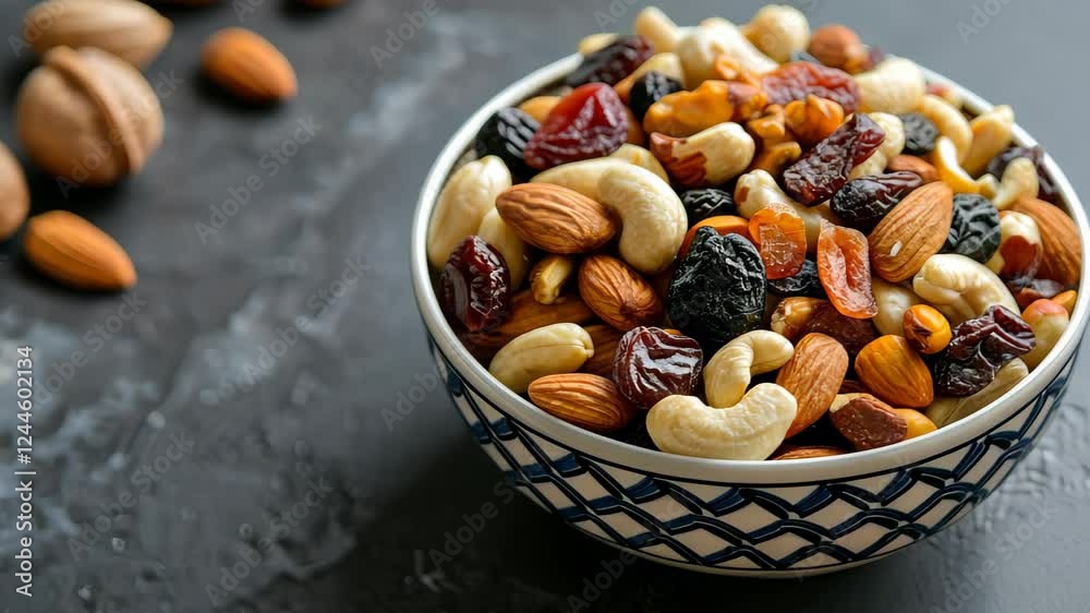 Gathered in a bowl, a mix of nuts and dried fruits offers a nutritious snack, Ai Generated Gathered in a bowl, a mix of nuts and dried fruits offers a nutritious snack, Ai Generated