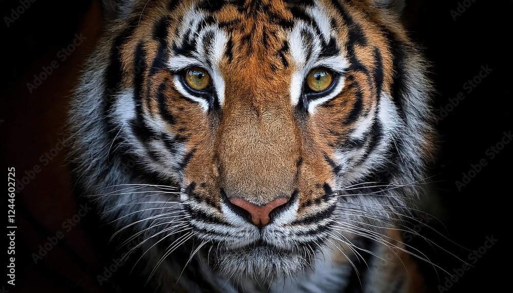 Fototapeta premium Striking CloseUp of a Tigers Fierce Countenance, Showcasing Intense Eyes and Majestic Whiskers, Set Against a Wild Backdrop of Golden Grasslands Under the Warm Sunlight.