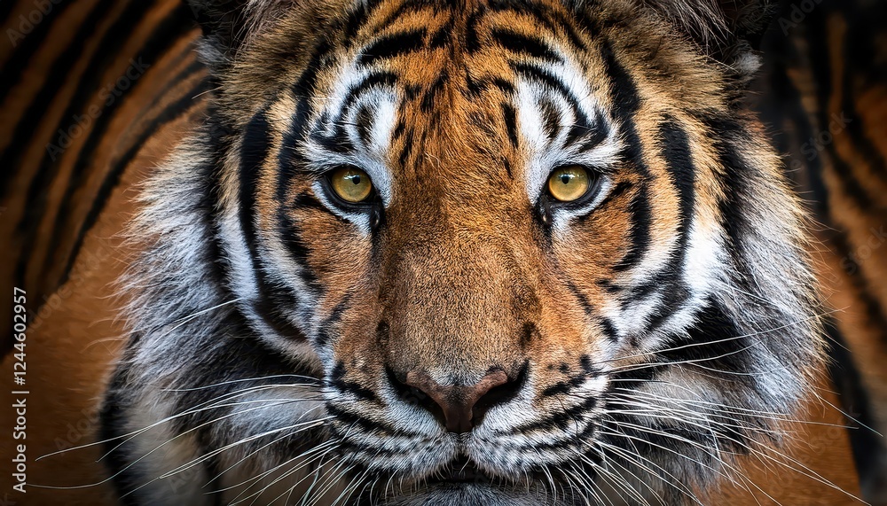Naklejka premium Powerful Stare of a Bengal Tiger, Showcasing Vibrant Eyes and Fur Textures, Set against the Backdrop of an Indian Jungle with Lush Greenery.