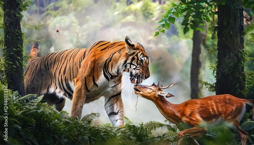 Striking Wildlife Painting Fierce Tigers Dramatic Attack in Dense Forest, Showcasing Rich Colors and Textures of the Jungle, Emanating a Raw Sense of Energy and Majesty. photo