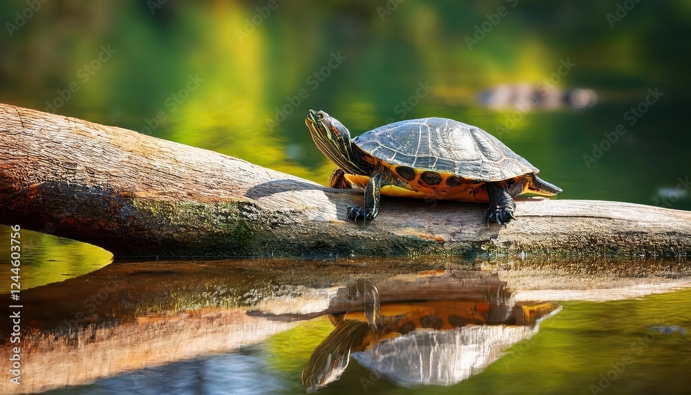 Obraz premium Striking Encounter Redeared Slider Turtle Spotted Amidst Aquatic Vegetation in a Tranquil Pond, Highlighting the Beauty and Concerns of an Invasive Species