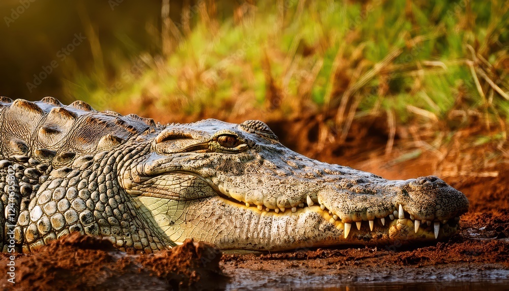 Vigilant Nile Crocodile Basking in the African Savannah, Showcasing the Power and Majesty of Ugandas Wildlife Against a Backdrop of Glistening Golden Grasslands. Vigilant Nile Crocodile Basking in the African Savannah, Showcasing the Power and Majesty of Ugandas Wildlife Against a Backdrop of Glistening Golden Grasslands.