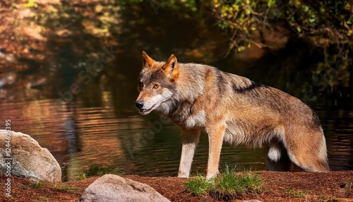 Majestic Italian Wolf Canis Lupus Italicus in Wildlife Center Uomini e lupi of Entracque, Maritime Alps, Captured at Pivotal Moment photo