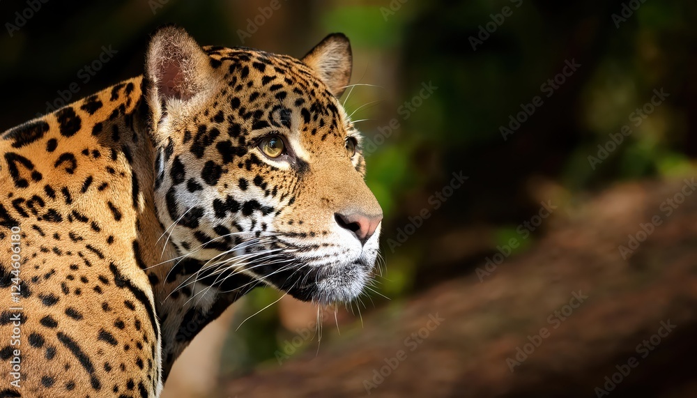 Obraz premium Striking Portrait of a Jaguar in the Amazon Basin, Majestically Captured in Rich Forest Shadows, Showcasing the Power and Grace of this Enigmatic South American Predator.
