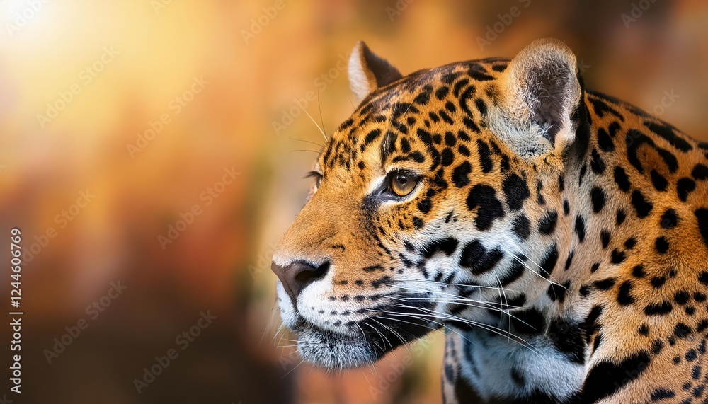 Obraz premium Vibrant Jaguar Striking Against a Bright, Blurred Background A Majestic Wildlife Moment Captured by Generative AI in