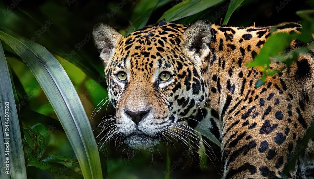 Intense Gaze of a Jaguar Amidst Deep Jungles Dark Foliage at Dusk Striking Wildlife Portrait Captured in the Heart of Tropical Rainforest Intense Gaze of a Jaguar Amidst Deep Jungles Dark Foliage at Dusk Striking Wildlife Portrait Captured in the Heart of Tropical Rainforest