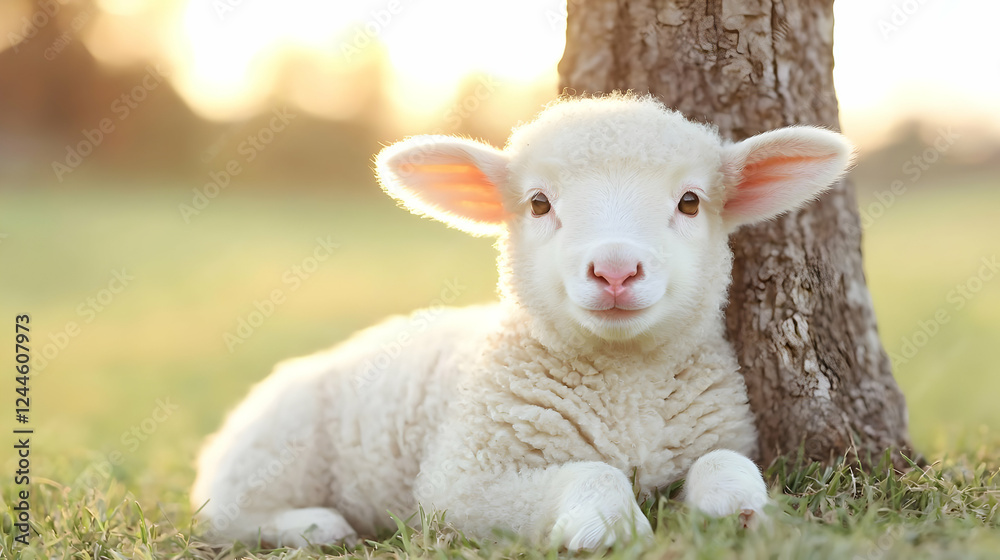 Fototapeta premium Lamb resting by tree at sunset, pasture background