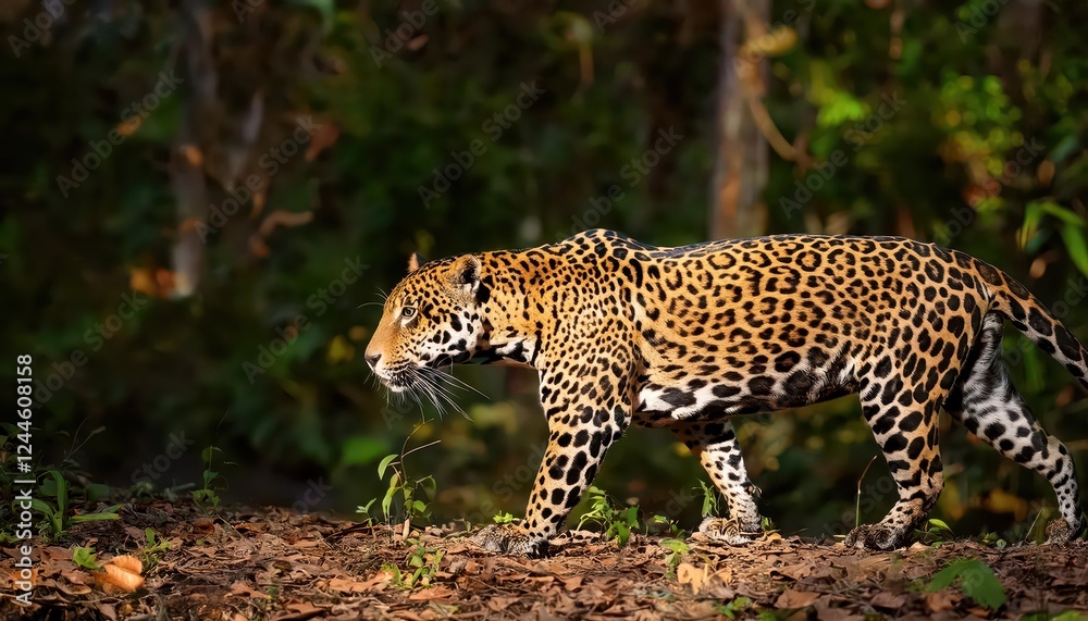 Vigorous Jaguar Strolls through Dense Forest Canopy at Dawn, Capturing the Majesty of Natures Wild Beauty with Rich Greens and Amber Light. Vigorous Jaguar Strolls through Dense Forest Canopy at Dawn, Capturing the Majesty of Natures Wild Beauty with Rich Greens and Amber Light.