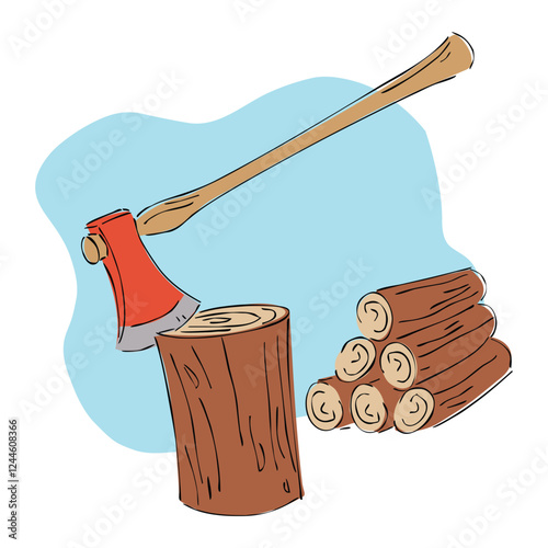 Sawmill timber mill lumberjack isometric composition with isolated image of wood stubs with axe vector