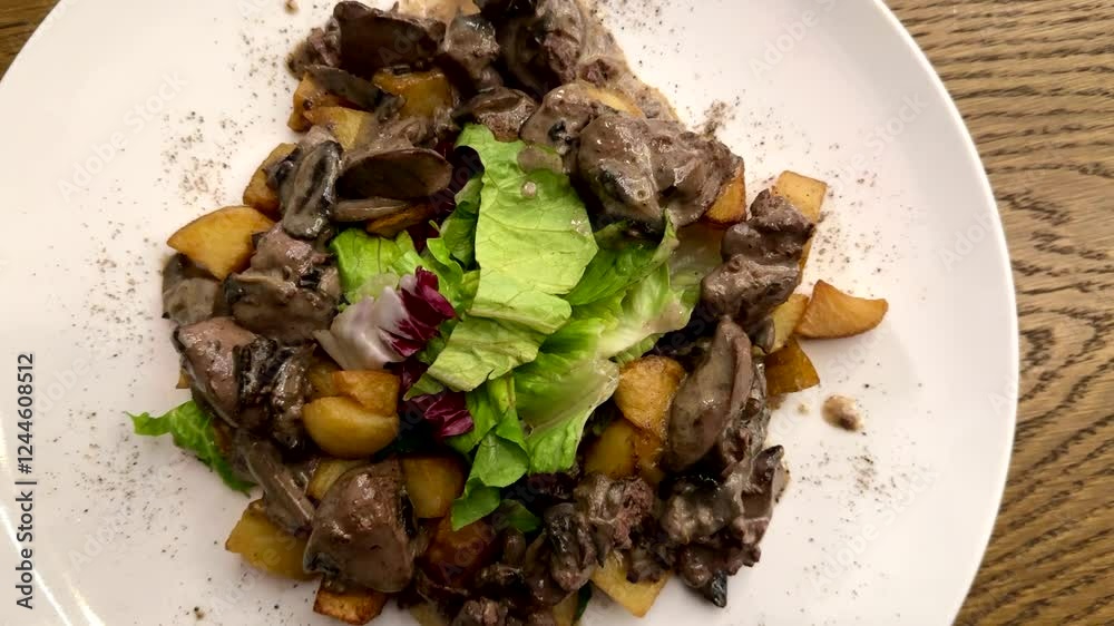 Warm salad with chicken liver in cream sauce with fried potatoes, mushrooms and mixed green salad in a white porcelain plate on a brown wooden table in an elite restaurant. Close-up Warm salad with chicken liver in cream sauce with fried potatoes, mushrooms and mixed green salad in a white porcelain plate on a brown wooden table in an elite restaurant. Close-up