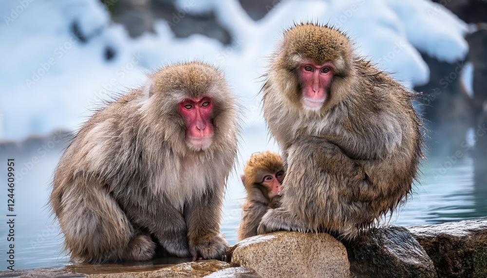 Naklejka premium Playful Japanese Snow Monkeys Frolic Amidst a Winter Wonderland at Jigokudani Monkey Park, Nagano, Japan Capturing the Magic of Snowy Playtime in a Stunning Winter Landscape.