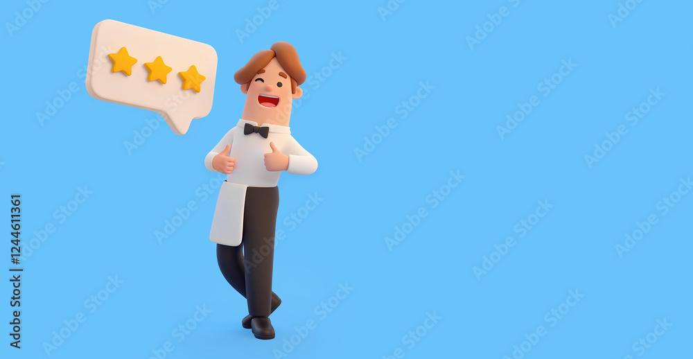 Smiling Waiter or chief thumbs up isolated on blue background and stars, signing high quality of the food and customer service in restaurant, cartoon 3d illustration, 300dpi Smiling Waiter or chief thumbs up isolated on blue background and stars, signing high quality of the food and customer service in restaurant, cartoon 3d illustration, 300dpi
