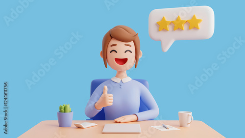 Smiling bussinesswoman with laptop and stars, thumbs up isolated on blue background, cartoon 3d illustration, 300dpi photo