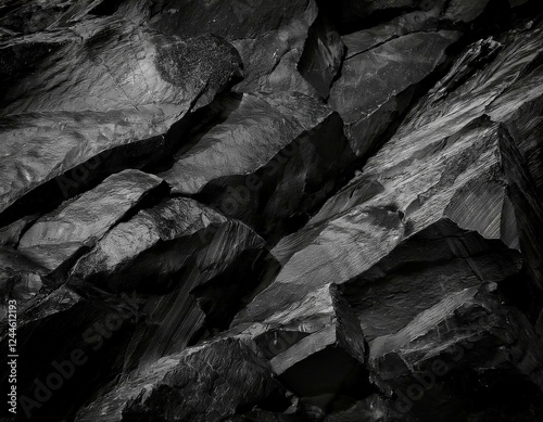 Black grunge background. Rock background. The texture of the mountains. Close-up. Black volumetric stone background. photo