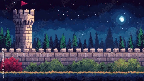 Pixel Art Castle Night: A charming pixel art scene depicting a stone castle wall under a starry night sky, with a tall tower, flag, and lush forest in the background. photo