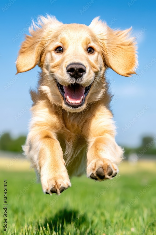 Energetic golden retriever puppy joyfully running across a green grassy field on a sunny day, showcasing happiness, energy, and playfulness in an outdoor pet photography concept Energetic golden retriever puppy joyfully running across a green grassy field on a sunny day, showcasing happiness, energy, and playfulness in an outdoor pet photography concept