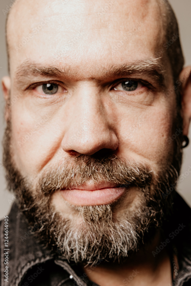 Obraz premium Vertical close-up portrait of bearded mature man posing indoor. Mindset concept.