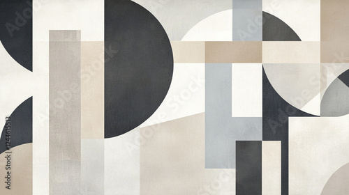 Modern abstract composition showcasing geometric patterns in neutral and monochrome tones, evoking a sleek minimalist aesthetic