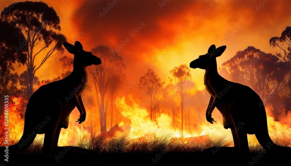 Striking Kangaroo Silhouette Framed Against a FlameKissed Backdrop of Australias Forests at Dusk