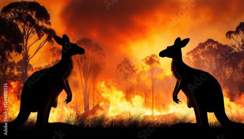 Striking Kangaroo Silhouette Framed Against a FlameKissed Backdrop of Australias Forests at Dusk photo