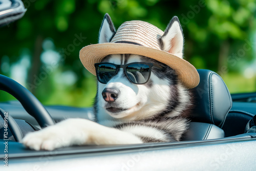 Siberian husky dog in sunglasses and a straw hat driving a convertible car