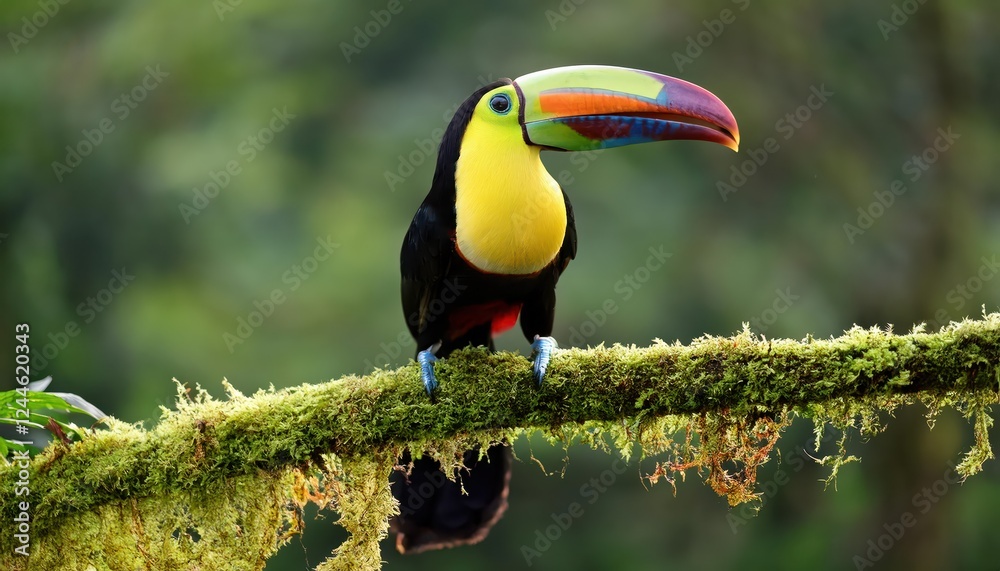 Vibrant and Majestic Keelbilled Toucan Displaying its Striking Plumage in a Lush, Equatorial Rainforest Backdrop, Showcasing the Magnificence of this Famed Tropical Species with an Imposing Beak Vibrant and Majestic Keelbilled Toucan Displaying its Striking Plumage in a Lush, Equatorial Rainforest Backdrop, Showcasing the Magnificence of this Famed Tropical Species with an Imposing Beak