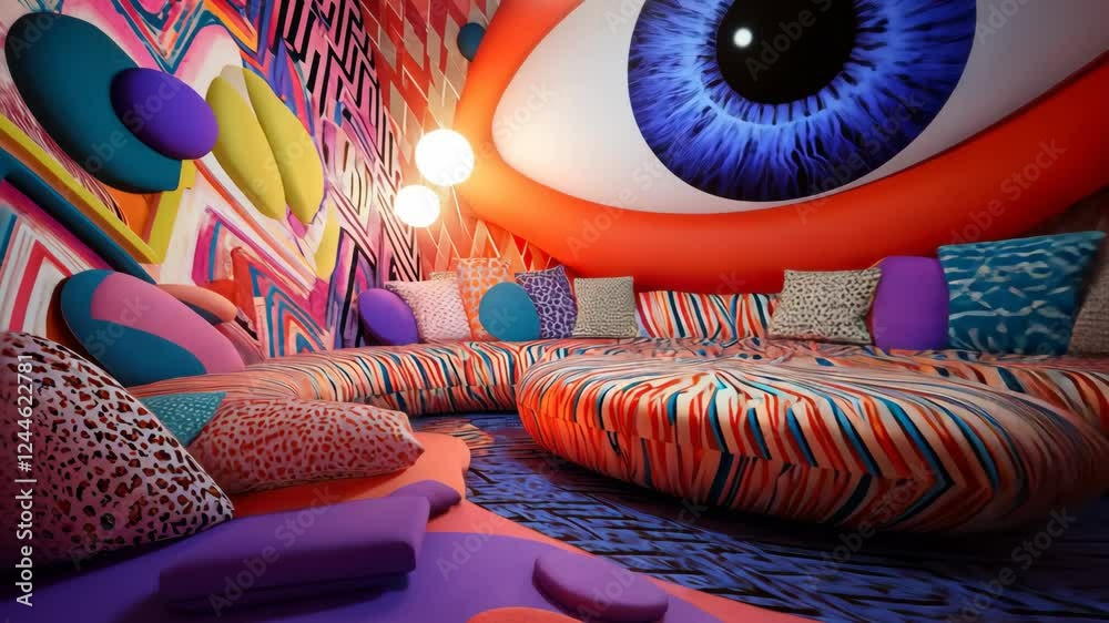 Vibrant retro room with eye motif and colorful patterns