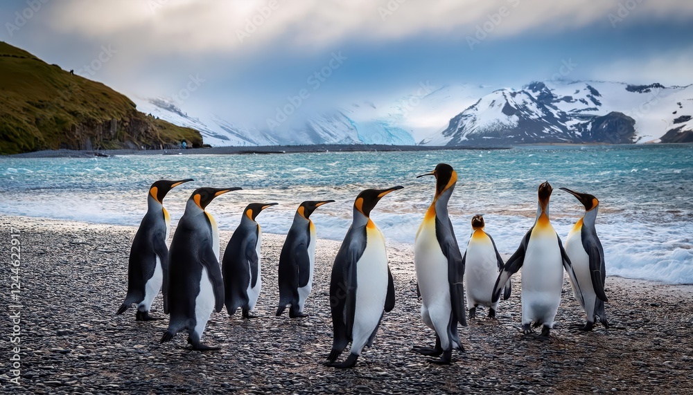Obraz premium Stunning King Penguins Aptenodytes patagonicus Basking on a Beach at Sunset, St. XXVIII,