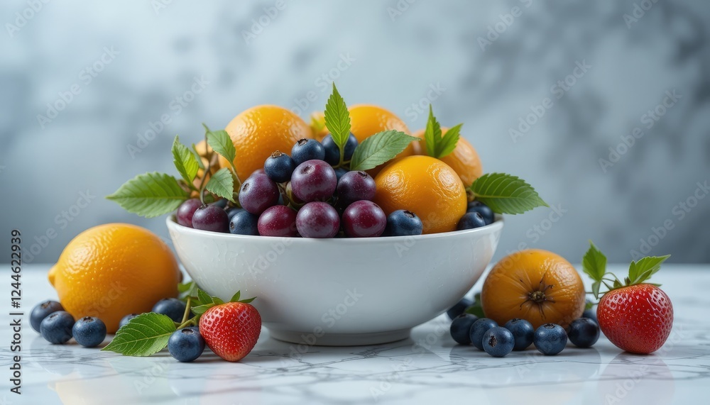 Bowl of assorted fruits with oranges arranged on a marble countertop in a stylish food presentation Bowl of assorted fruits with oranges arranged on a marble countertop in a stylish food presentation
