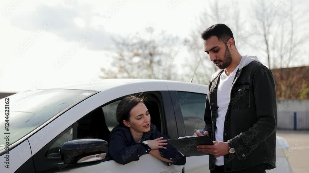 Driving instructor guides young woman during a practical training session with an electric vehicle. Ideal for learning, driving school promotions, and educational purposes Driving instructor guides young woman during a practical training session with an electric vehicle. Ideal for learning, driving school promotions, and educational purposes