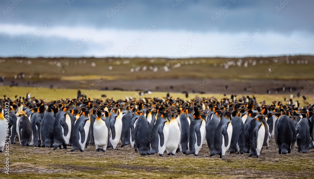 Obraz premium Majestic Gathering of King Penguins on a Frosty Shoreline at Volunteer Point, Falkland Islands A Winter Wonderland in Full Flight