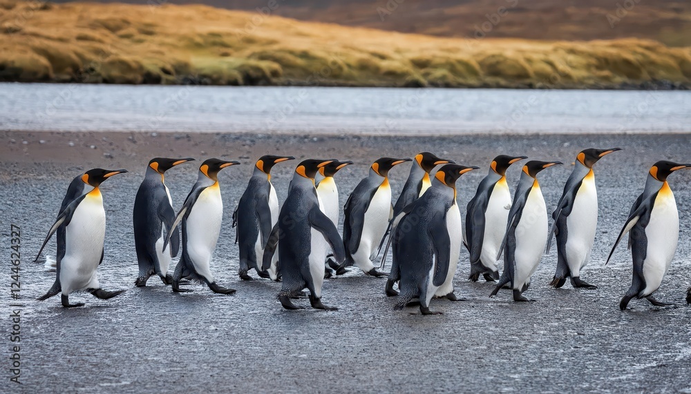 Obraz premium Striking March of King Penguins Against Snowy Backdrop at Antarctic Coast, Showcasing Black and White Elegance, Embracing the Bold Contrasts of Ice and Life