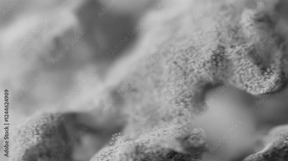 Animation of a dynamic, smoky particle cloud forming an organic shape. The black-and-white aesthetic gives it a mysterious, futuristic, and surreal feel