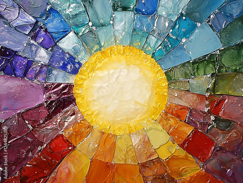 Colorful glass mosaic sun art, close-up, radiant background, home decor