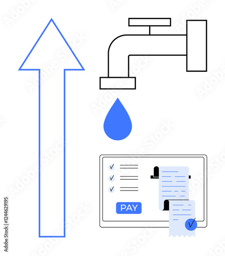 Faucet dripping water, upward arrow, digital screen with payment button and receipts. Ideal for online payments, water conservation, utilities management, green initiatives, digital receipts